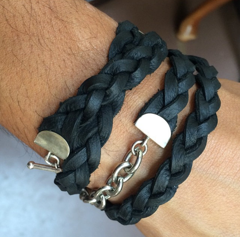 Silver Chain Black Braided Four Wrap Genuine Leather Bracelet by the Urban Charm