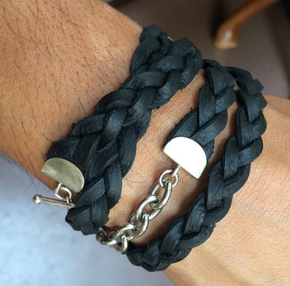 Silver Chain Black Braided Four Wrap Genuine Leather Bracelet by the Urban Charm
