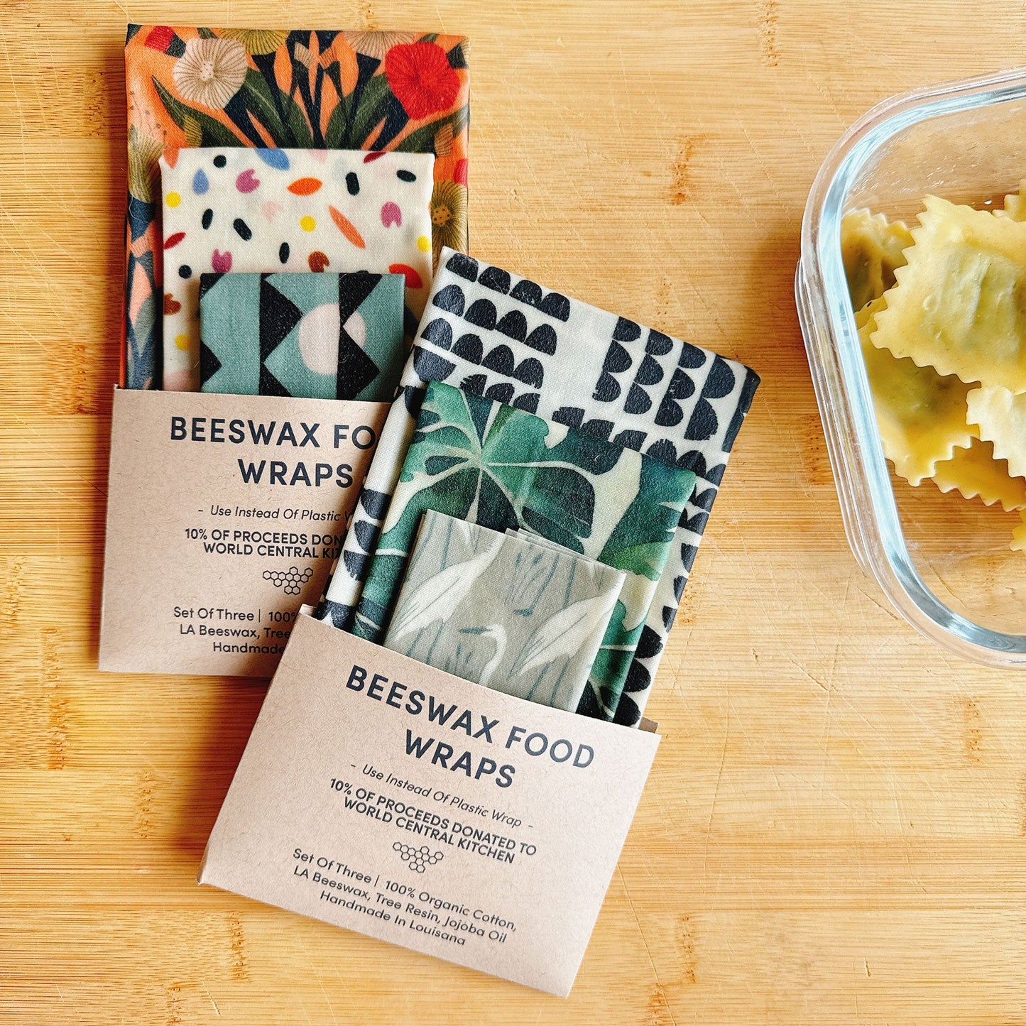 Beeswax Food Wraps - Herons & Monsteras Set, Organic Cotton, gives to World Central Kitchen