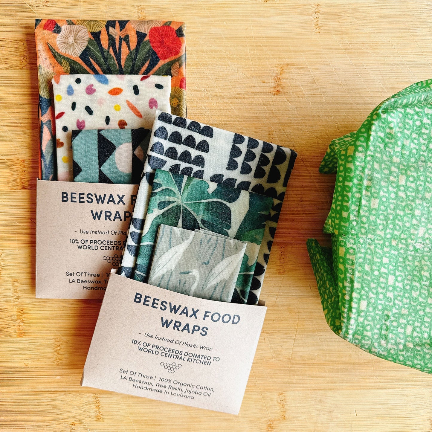 Beeswax Food Wraps - Herons & Monsteras Set, Organic Cotton, gives to World Central Kitchen
