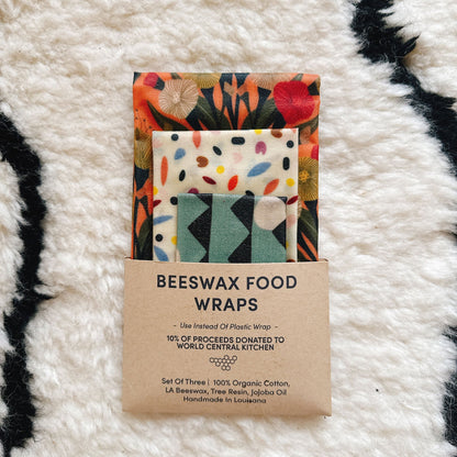 Beeswax Food Wraps - Confetti & Bouquets Set, Organic Cotton, gives to World Central Kitchen