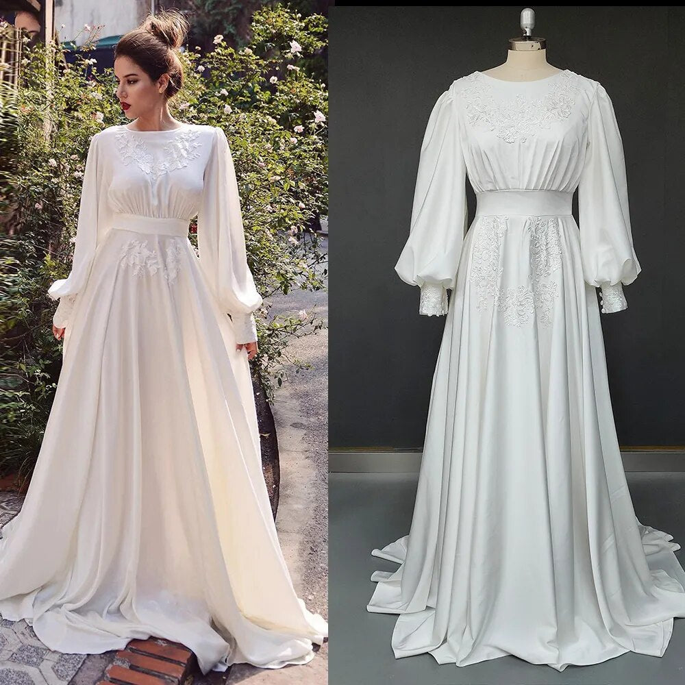 Boho Long Puff Sleeves Chiffon Round Neck Backless Appliqued Plus Size Wedding Dress