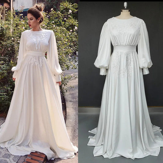 Boho Long Puff Sleeves Chiffon Round Neck Backless Appliqued Plus Size Wedding Dress