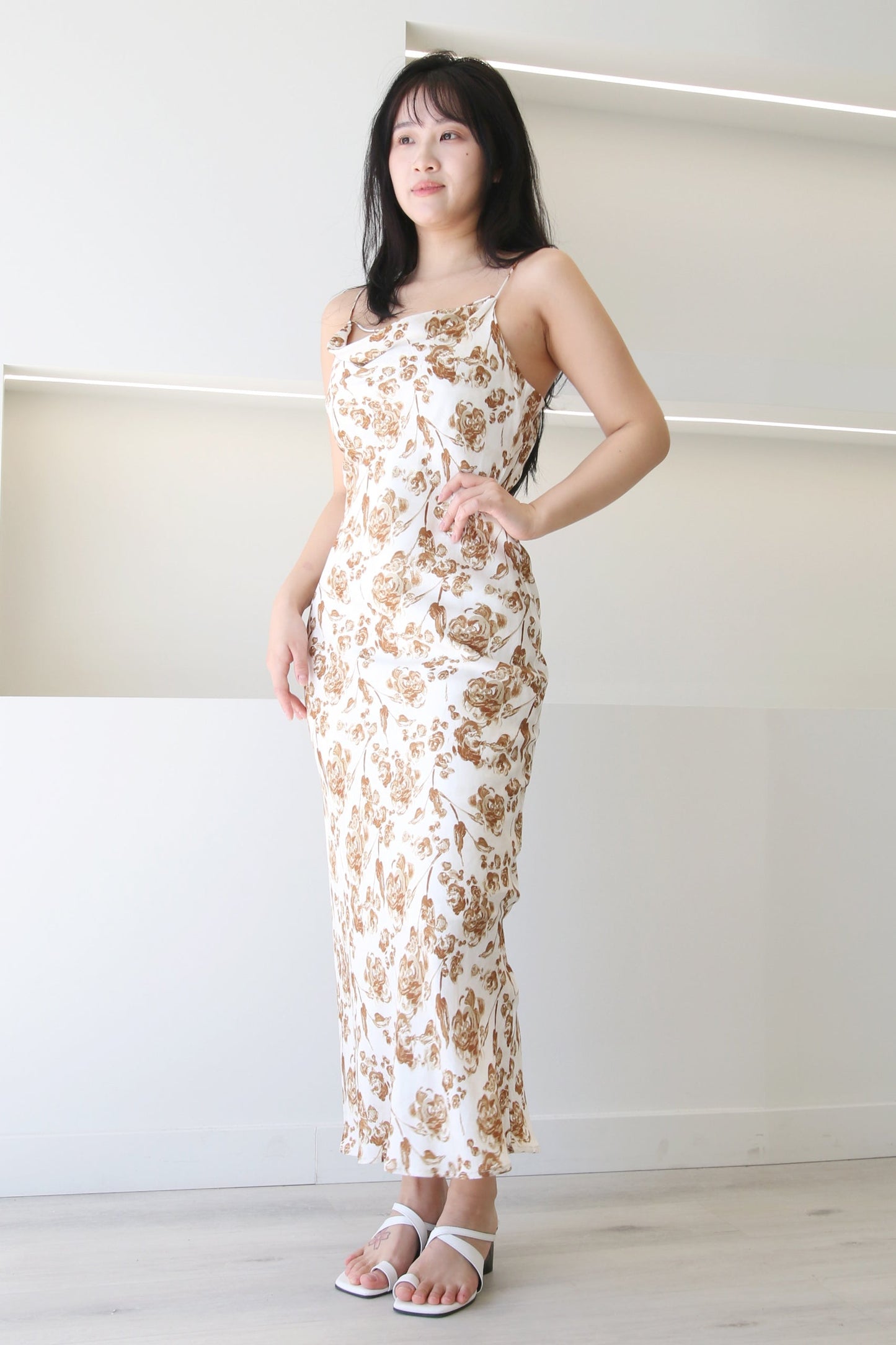 White Brown Rose Print Slip Midi Dress