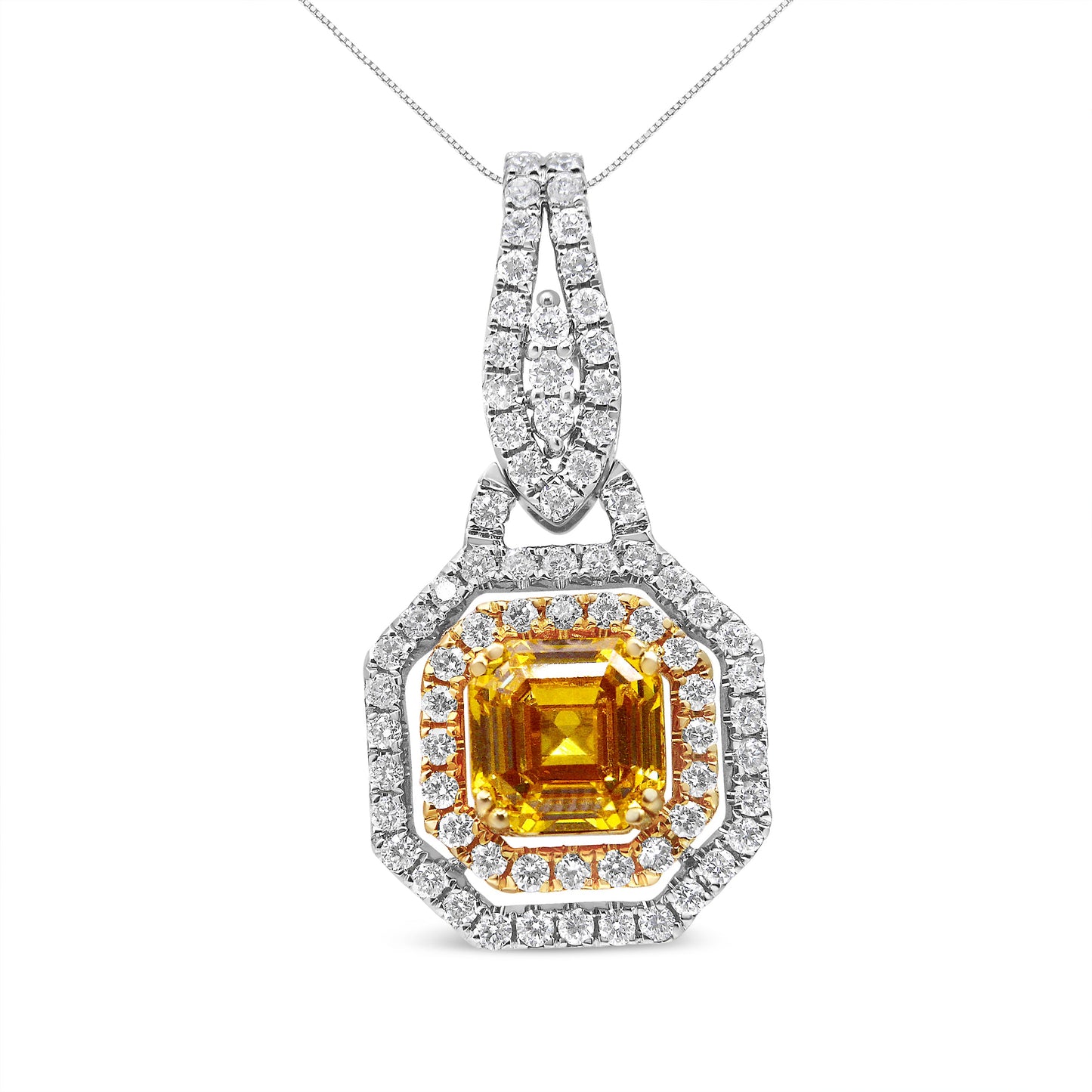 18K White And Yellow Gold 2 3/5 Cttw Lab Grown Yellow Asscher Diamond Double Framed Halo 18" Pendant Necklace (Yellow/G-H Color, Vs1-Vs2 Clarity)