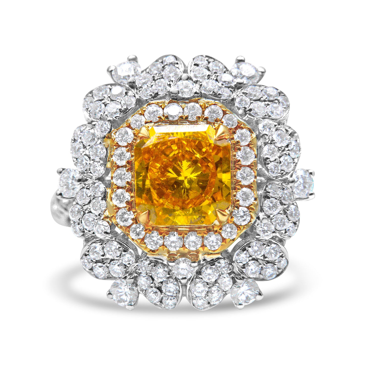 18K Yellow And White Gold 2 3/4 Cttw Lab Grown Yellow Radiant Cut Diamond Halo Cluster Ring  (Yellow/G-H Color, Vs1-Vs2 Clarity) - Size 5.75