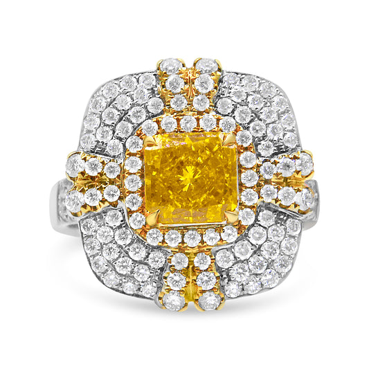 18K White And Yellow Gold 2.15 Cttw Yellow Radiant Lab Grown Center Diamond Halo Framed Cocktail Ring (Yellow/G-H Color, Vs1-Vs2 Clarity) - Size 6