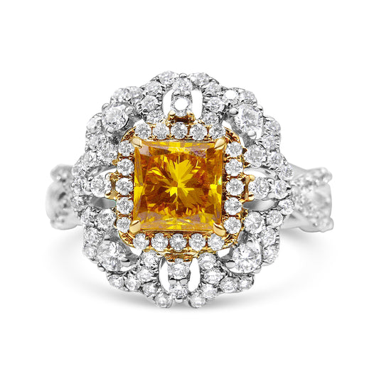 18K Yellow And White Gold 2.35 Cttw Yellow Princess Lab Grown Center Diamond Cluster Halo Cocktail Ring (Yellow/G-H Color, Vs1-Vs2 Clarity) - Size 6.25