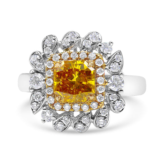18K White And Yellow Gold 1.76 Cttw Yellow Radiant Lab Grown Center Diamond Double Halo Cocktail Ring (Yellow/G-H Color, Vs1-Vs2 Clarity) - Size 6