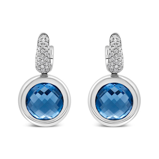 18K White Gold Bezel Set 11Mm Blue Topaz And 1/2 Cttw Invisible Set Diamond Bale Dangle Earrings (F-G Color, Vs1-Vs2 Clarity)