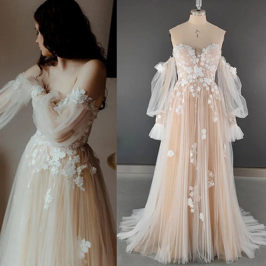Boho Off Shoulder Long Bishop Sleeves Floral Appliqued Ruched Mesh Sweetheart Pricess A Line Wedding Dress