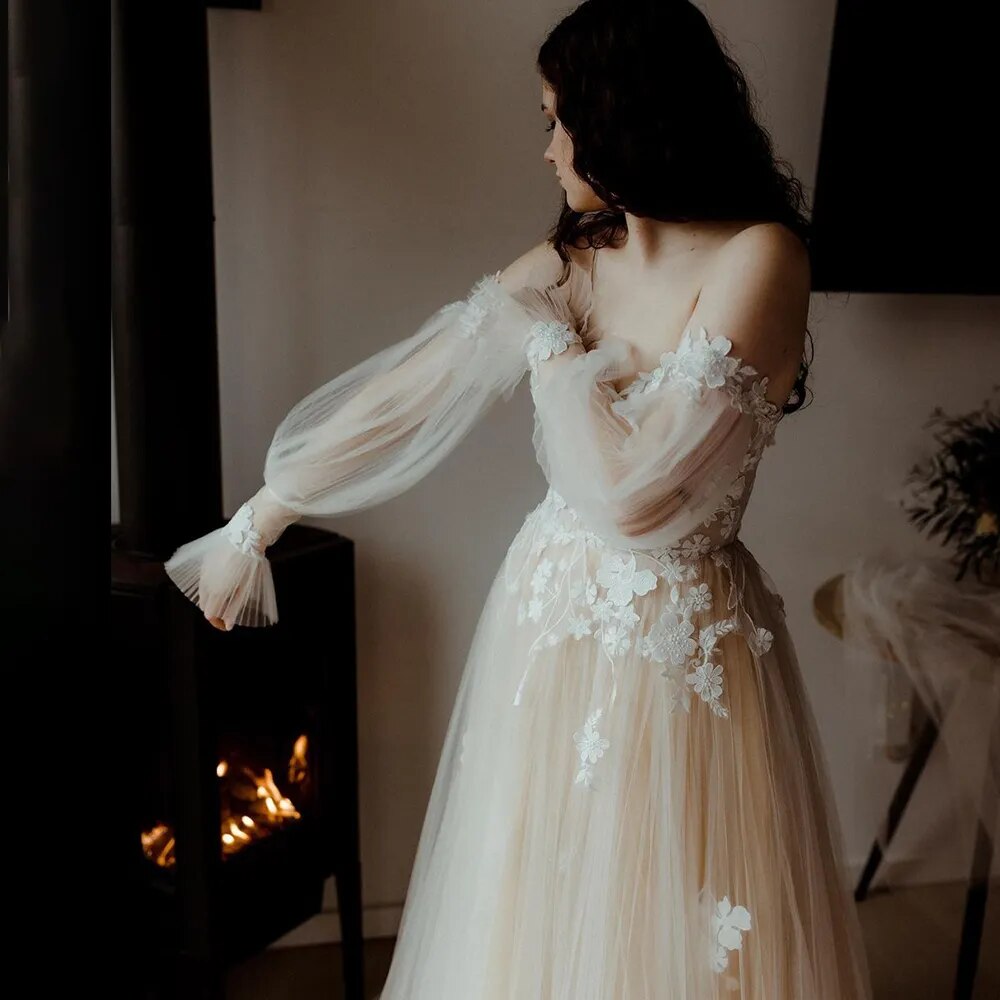 Boho Off Shoulder Long Bishop Sleeves Floral Appliqued Ruched Mesh Sweetheart Pricess A Line Wedding Dress