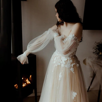 Boho Off Shoulder Long Bishop Sleeves Floral Appliqued Ruched Mesh Sweetheart Pricess A Line Wedding Dress