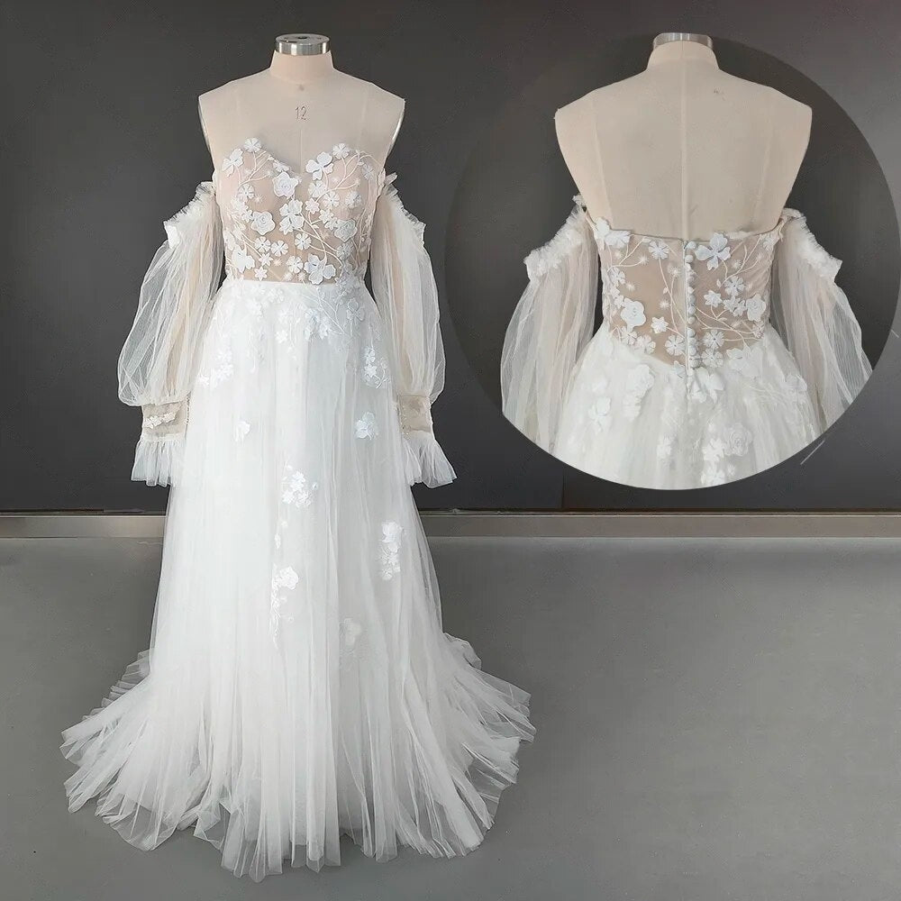 Boho Off Shoulder Long Bishop Sleeves Floral Appliqued Ruched Mesh Sweetheart Pricess A Line Wedding Dress