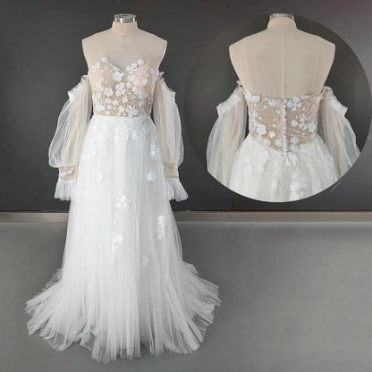 Boho Off Shoulder Long Bishop Sleeves Floral Appliqued Ruched Mesh Sweetheart Pricess A Line Wedding Dress