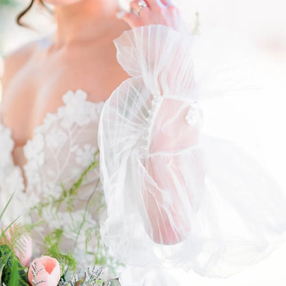 Boho Off Shoulder Long Bishop Sleeves Floral Appliqued Ruched Mesh Sweetheart Pricess A Line Wedding Dress