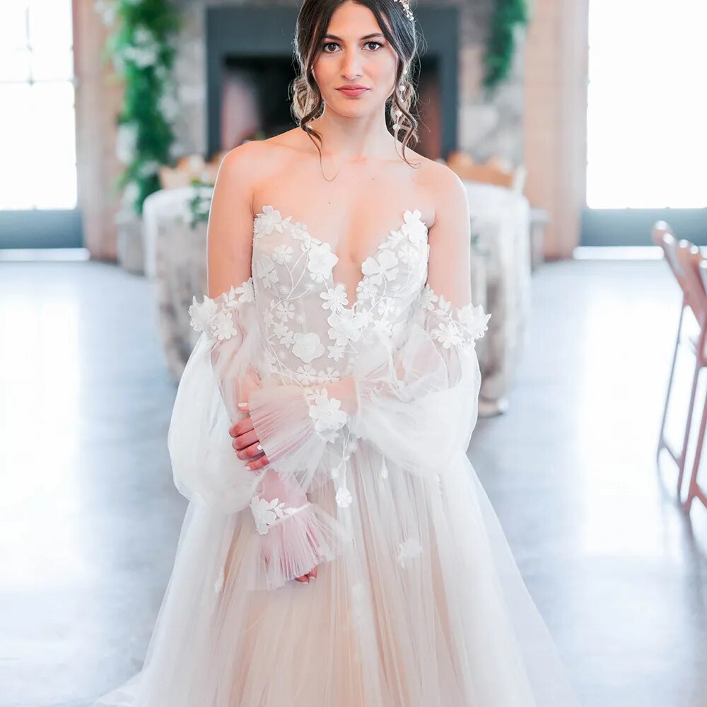 Boho Off Shoulder Long Bishop Sleeves Floral Appliqued Ruched Mesh Sweetheart Pricess A Line Wedding Dress