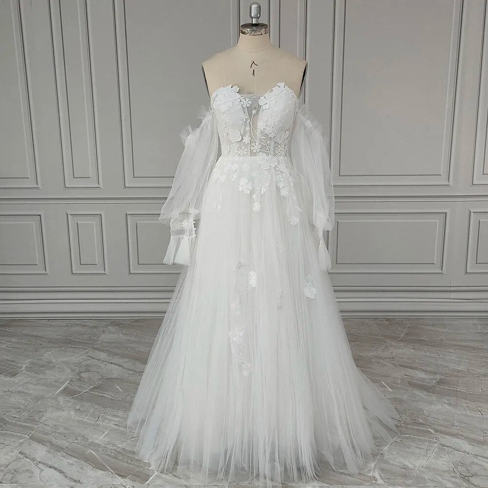 Boho Off Shoulder Long Bishop Sleeves Floral Appliqued Ruched Mesh Sweetheart Pricess A Line Wedding Dress