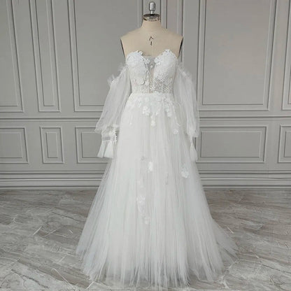 Boho Off Shoulder Long Bishop Sleeves Floral Appliqued Ruched Mesh Sweetheart Pricess A Line Wedding Dress