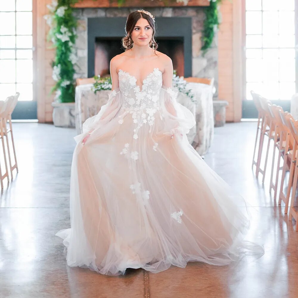 Boho Off Shoulder Long Bishop Sleeves Floral Appliqued Ruched Mesh Sweetheart Pricess A Line Wedding Dress