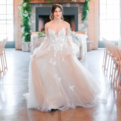 Boho Off Shoulder Long Bishop Sleeves Floral Appliqued Ruched Mesh Sweetheart Pricess A Line Wedding Dress