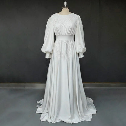 Boho Long Puff Sleeves Chiffon Round Neck Backless Appliqued Plus Size Wedding Dress