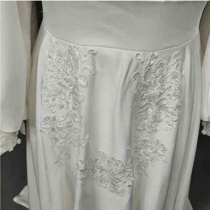 Boho Long Puff Sleeves Chiffon Round Neck Backless Appliqued Plus Size Wedding Dress