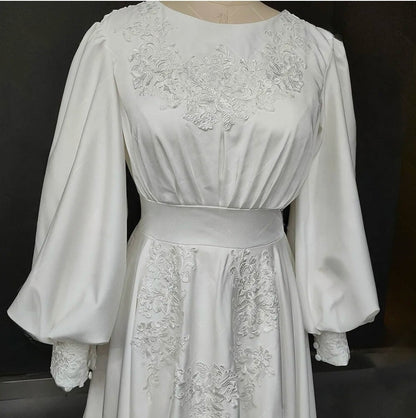 Boho Long Puff Sleeves Chiffon Round Neck Backless Appliqued Plus Size Wedding Dress