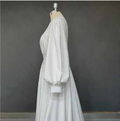 Boho Long Puff Sleeves Chiffon Round Neck Backless Appliqued Plus Size Wedding Dress