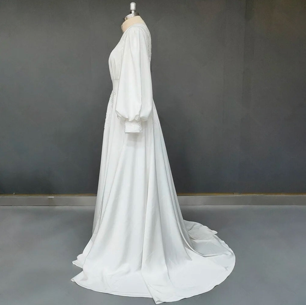 Boho Long Puff Sleeves Chiffon Round Neck Backless Appliqued Plus Size Wedding Dress