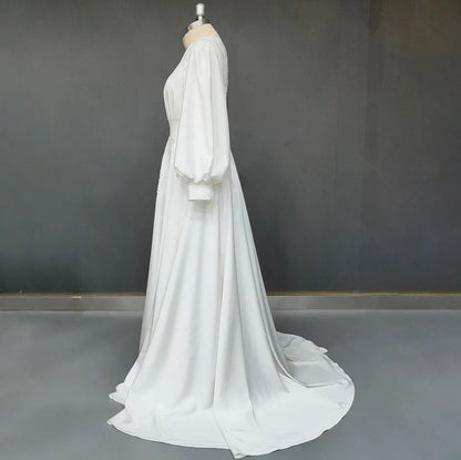 Boho Long Puff Sleeves Chiffon Round Neck Backless Appliqued Plus Size Wedding Dress