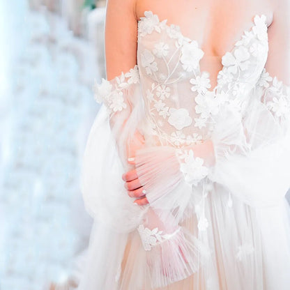 Boho Off Shoulder Long Bishop Sleeves Floral Appliqued Ruched Mesh Sweetheart Pricess A Line Wedding Dress