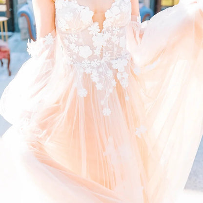 Boho Off Shoulder Long Bishop Sleeves Floral Appliqued Ruched Mesh Sweetheart Pricess A Line Wedding Dress