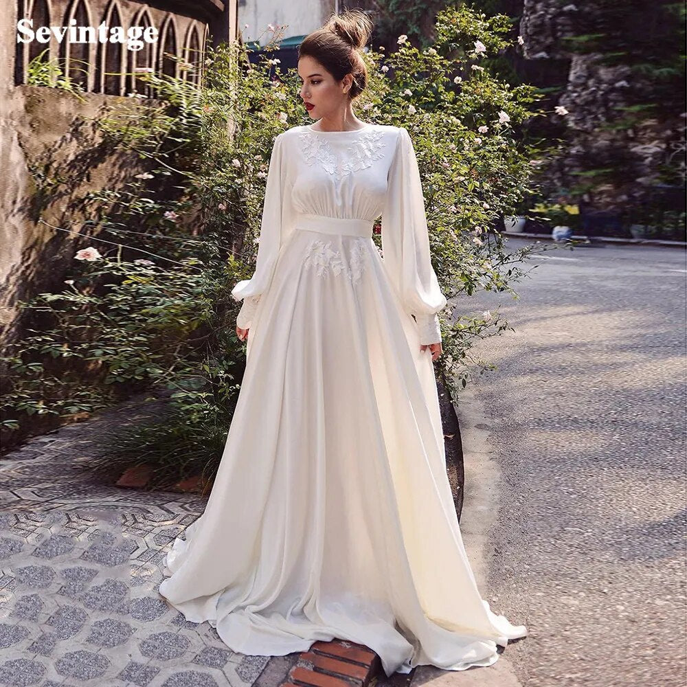 Boho Long Puff Sleeves Chiffon Round Neck Backless Appliqued Plus Size Wedding Dress