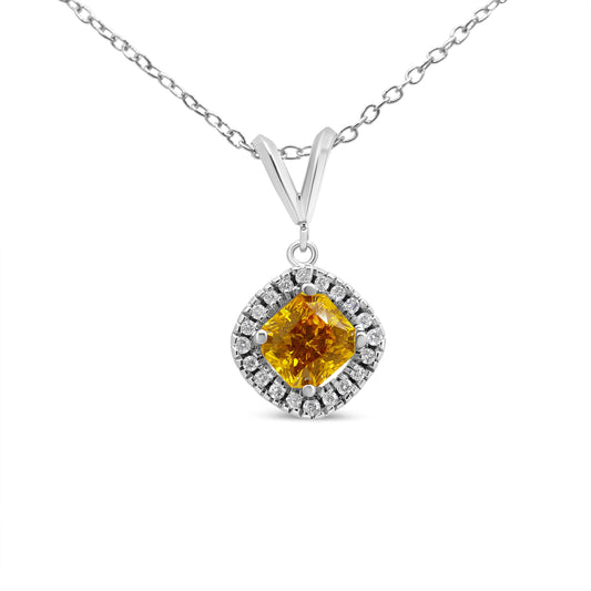 14K White Gold 1 1/5 Cttw Yellow Radiant Lab Grown Diamond Floating Halo Rhombus Shaped 18" Pendant Necklace (Yellow/G-H Color, Vs1-Vs2 Clarity)