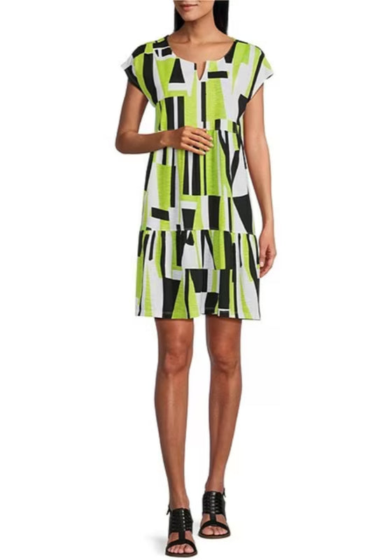 Abstract Print Slub Knit Notch Neck Cap Sleeve Tiered Dress