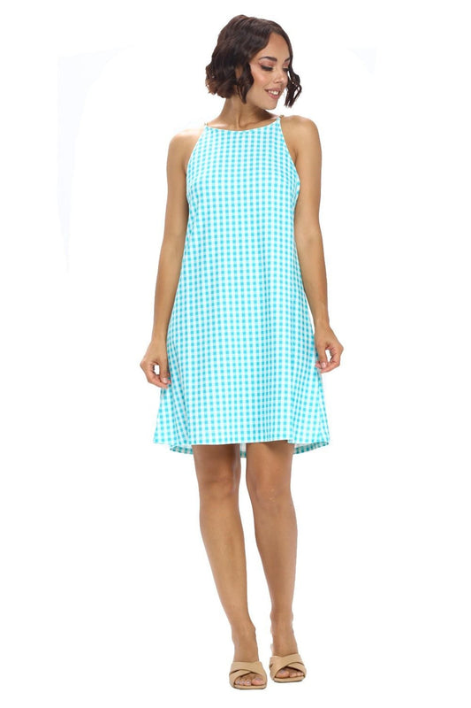 Aqua Plaid Chain Strap Dress