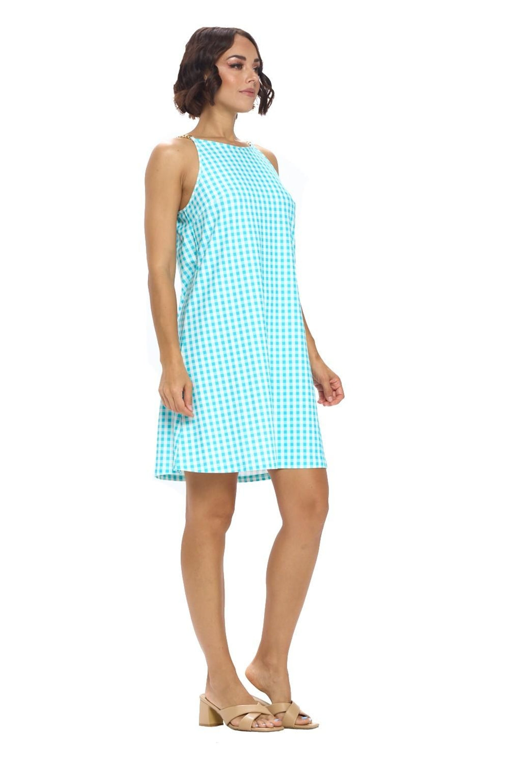 Aqua Plaid Chain Strap Dress