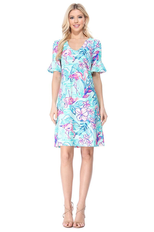 Aqua Ruffle Sleeve Dress