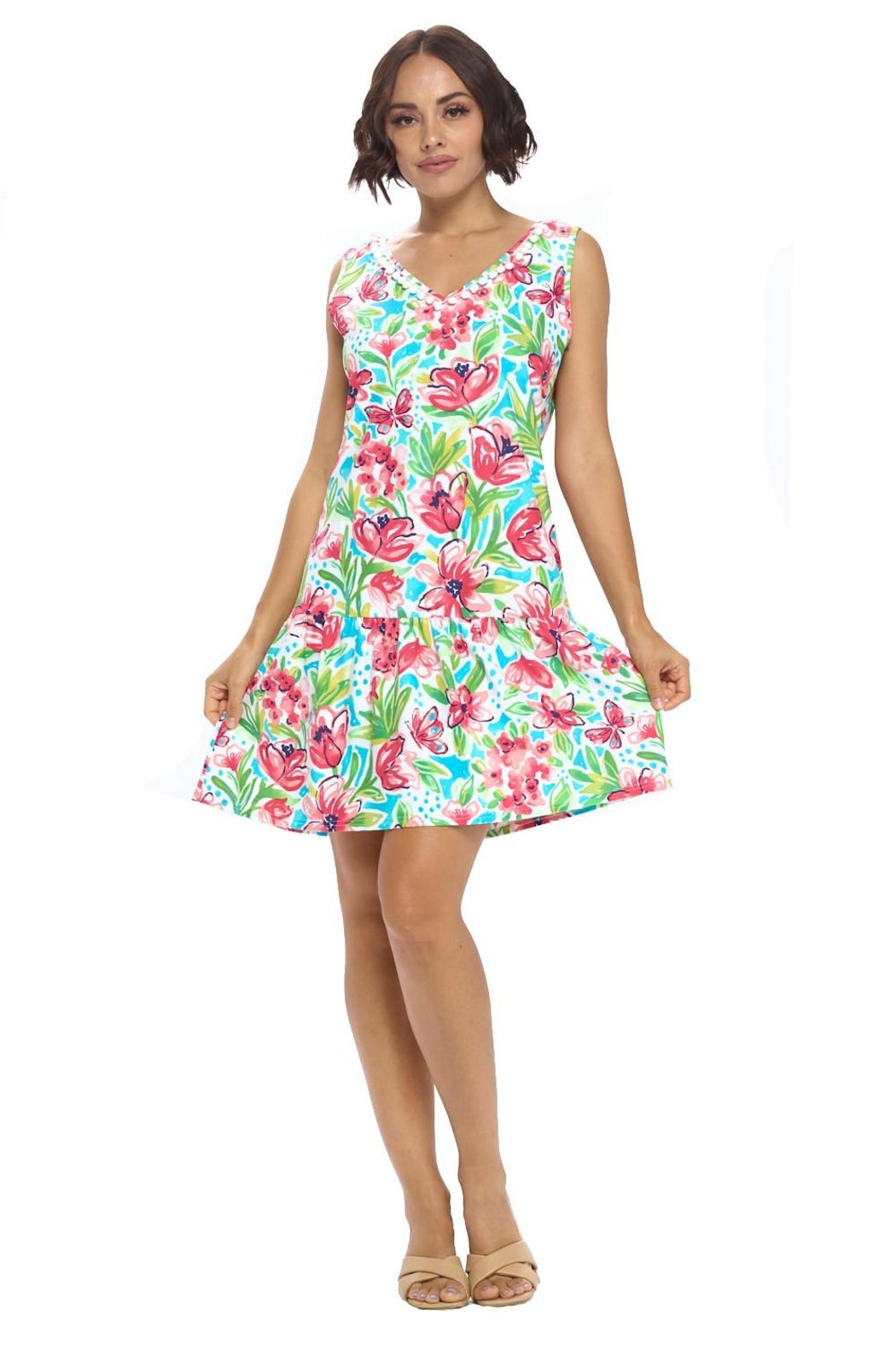 White Pompom Floral Dress