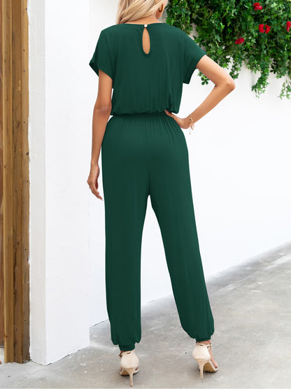 Boat Neck Short Sleeve Jumpsuit With Pockets