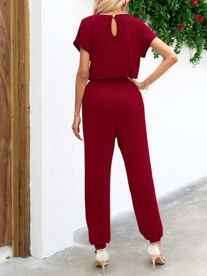 Boat Neck Short Sleeve Jumpsuit With Pockets