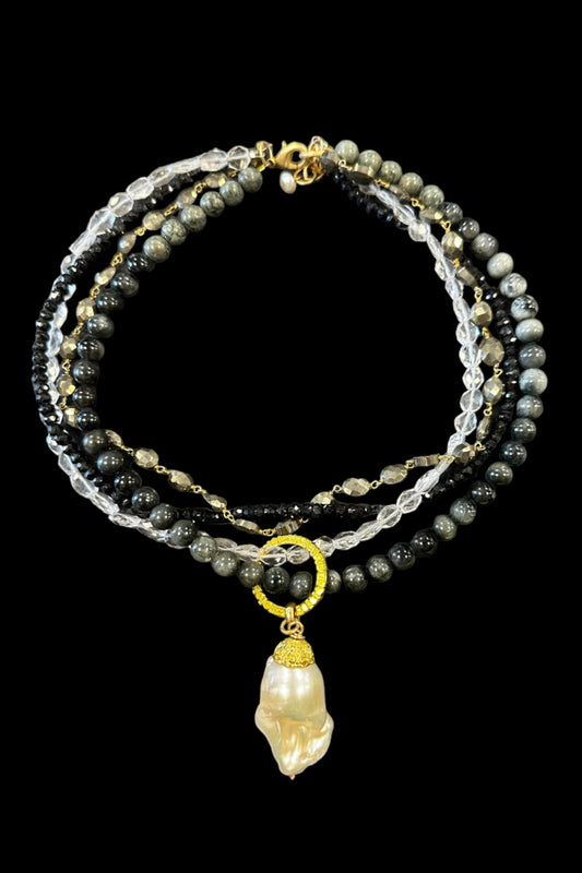 Baroque pearl drop with Pyrite Necklace