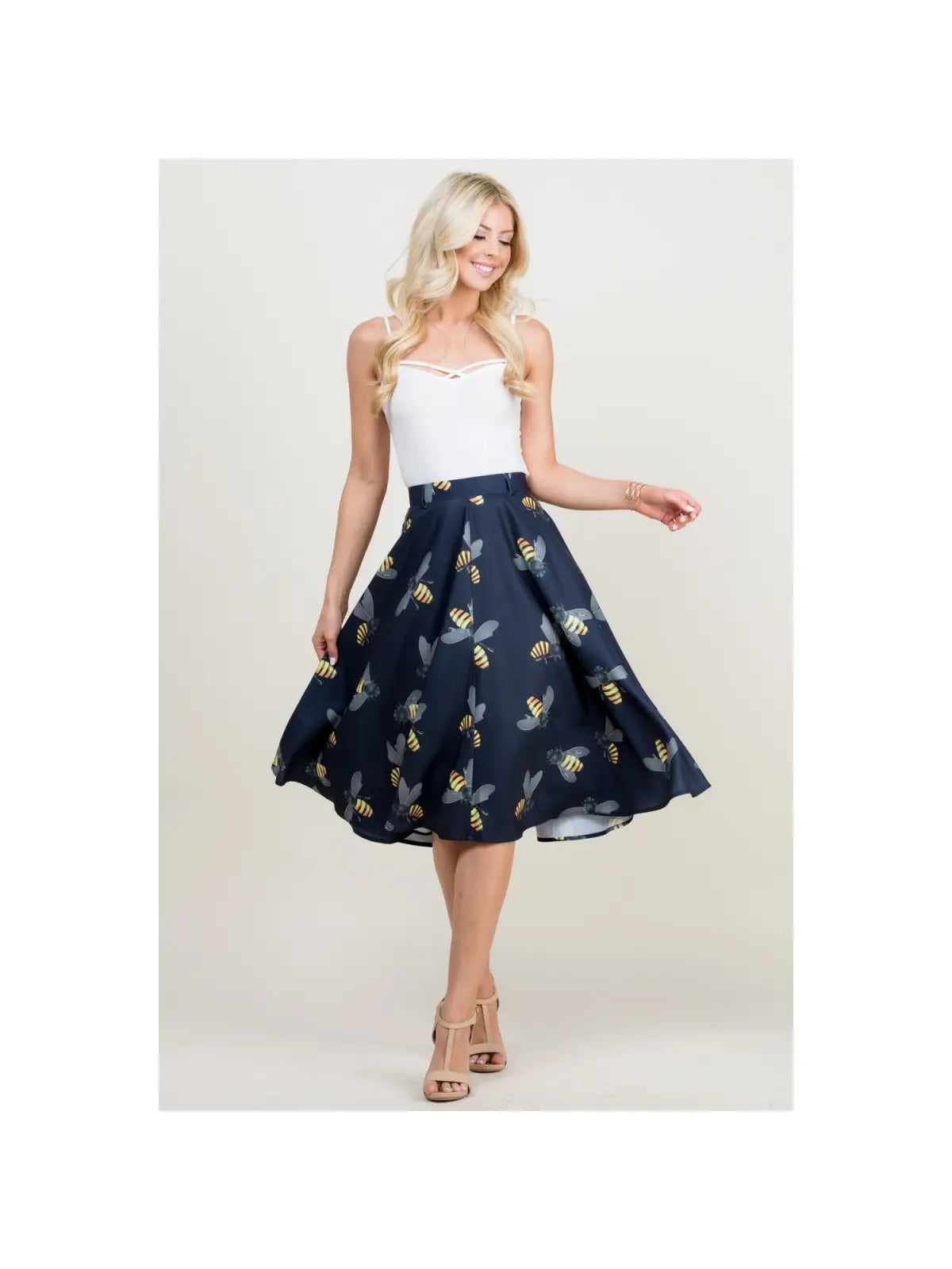 Bee Print Navy Swing Skirt