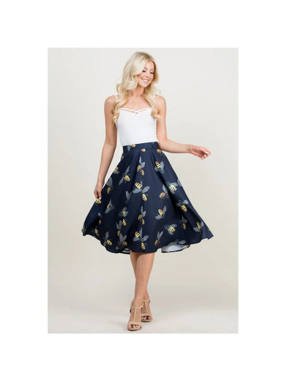 Bee Print Navy Swing Skirt