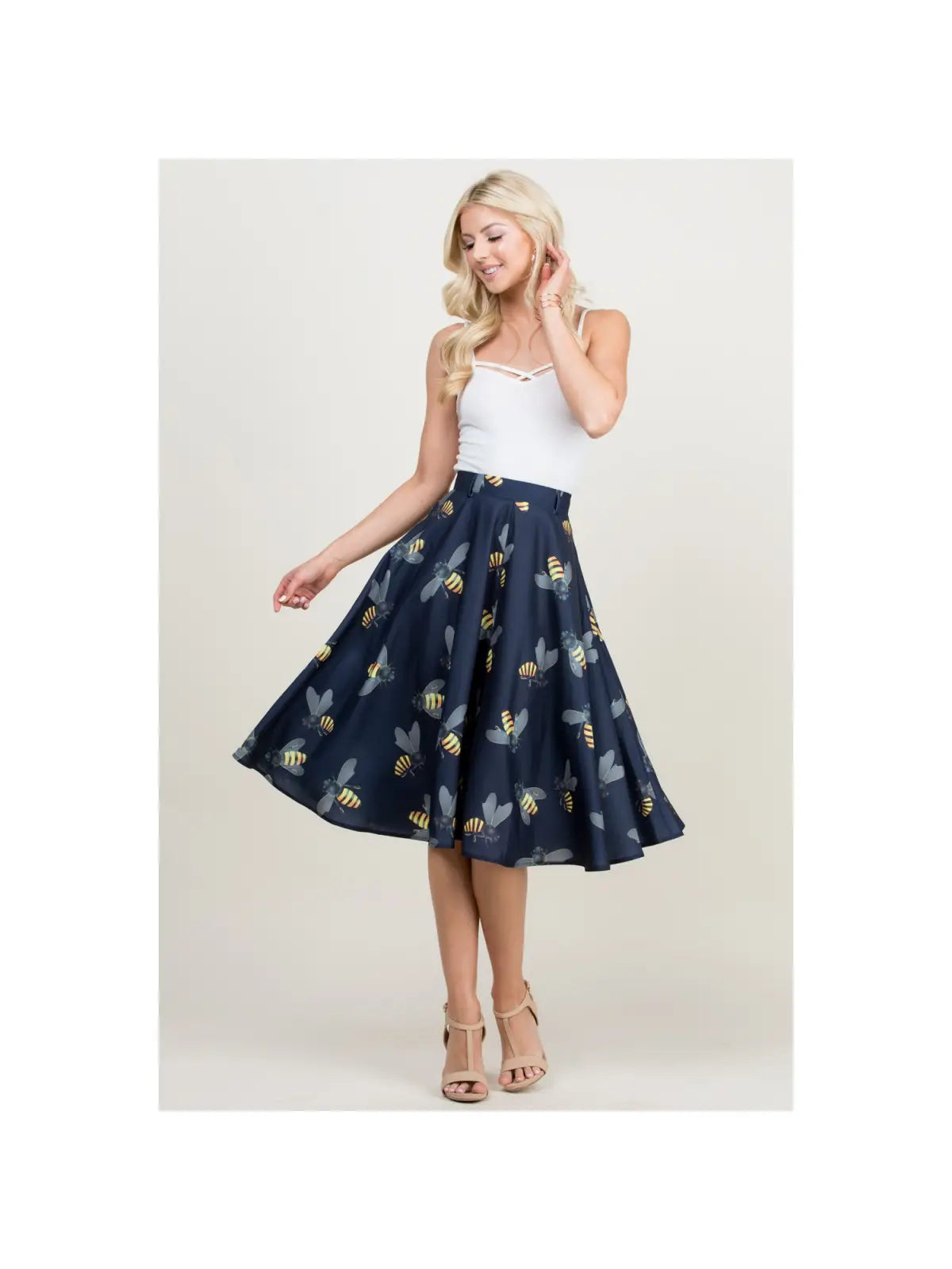 Bee Print Navy Swing Skirt