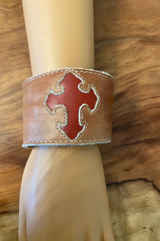 Beige Handmade Leather Cross Cuff