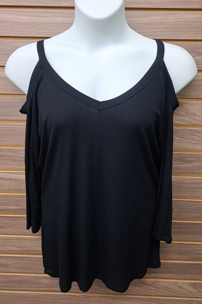 Black 3/4 Sleeve Cold Shoulder Ribbed Top