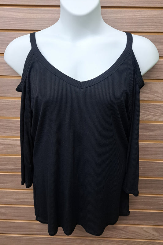 Black 3/4 Sleeve Cold Shoulder Ribbed Top