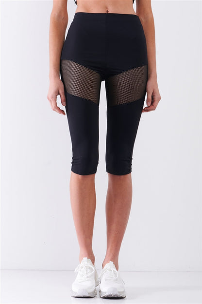 Black High Waist Sheer Mesh Sports Midi Legging Pants
